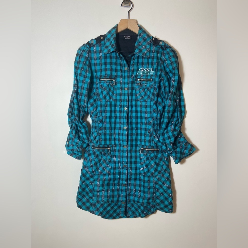 Coogi Mini Shirt Dress Womens Size M Blue Plaid Long Sleeve